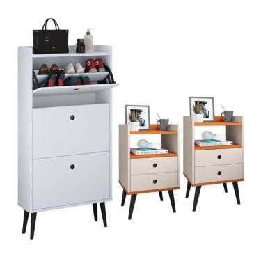 Imagem de Kit Sapateira Vertical 3 Gavetas Basculantes Dark Branco e 2 Mesinhas Canto Quarto Nicho Decorativo Dream Off White/Cinamomo RPM