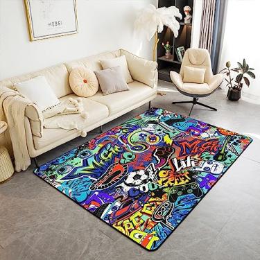 Imagem de Tapete infantil hippie para sala de estar, estilo graffiti, 12 x 18 cm, decoração hip hop, tapete decorativo para meninos, meninas, graffiti, tapete para ambientes internos, cultura urbana, música,