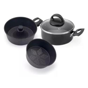 Imagem de Banho Maria E Cuscuzeira Antiaderente Preta 3em1 Tampa Vidro