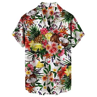 Imagem de Camisetas grandes para homens casuais com estampa de lapela solta manga curta punhos estilo porta botão camisa floral senhora areia, Branco, M
