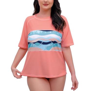 Imagem de Halcurt Roupa de banho feminina plus size Rash Guard camisa de sol com proteção UV apenas, Estampa rosa salmão, 4X