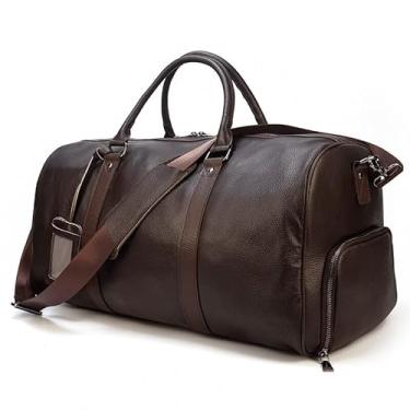 Imagem de Bolsa de viagem masculina de couro genuíno bolsa de ombro bolsa de viagem de couro macio bolsa de fim de semana bolsa de viagem para academia esportiva bolsa de mão, Marrom, Clássico