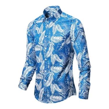 Imagem de Camisas masculinas algodão roupas vintage flores camisa coreana roupa masculina praia masculina manga longa camiseta top, Pena azul, G