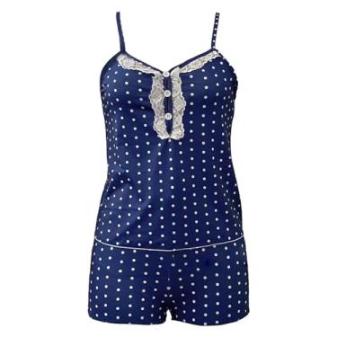 Imagem de Ztexkee Conjunto de pijama feminino, decote em V, top de renda e shorts de cintura elástica, conjunto de pijama estampado, Azul marino, G