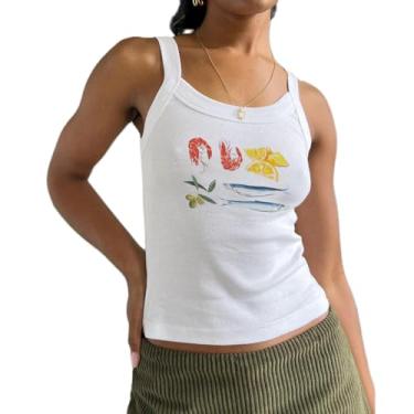 Imagem de SOLILOQUY Camiseta regata feminina y2k com estampa de frutas, sem mangas, para bebê, bonita, justa, básica, dos anos 90, estética urbana, Uma regata de frutos do mar, G