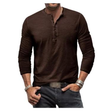 Imagem de Camisetas masculinas de manga comprida com botões de ajuste regular, camisa polo respirável com absorção de umidade, Marrom, XG