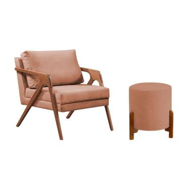 Imagem de Conjunto Poltrona Mona Decorativa e Puff Thor Estofado Base Madeira Maciça Linho Terracota