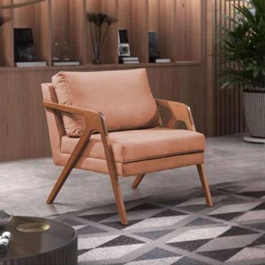 Imagem de Poltrona Decorativa Mona Premium Base Madeira Maciça Linho Terracota 