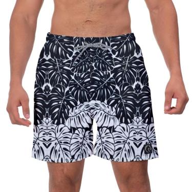 Imagem de Short Praia Masculino W2 Preto e Branco Folhas Estampado Academia Caminhada Qualidade Conforto-Masculino