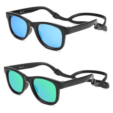 Imagem de LIU·WEN Óculos de sol polarizados para bebês com alça de silicone – Flexível para bebês recém-nascidos e crianças de 0 a 18 meses, Espelho B1 preto/verde + espelho preto/azul, Medium