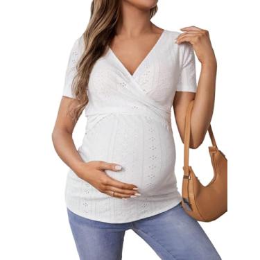 Imagem de WDIRARA Camisetas femininas para gestantes, gola V profunda, manga curta, camisetas de amamentação cruzadas, roupas de gravidez, Branco, XXG