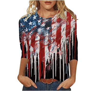 Imagem de Camiseta feminina com estampa de estrela da bandeira dos EUA, gola redonda, manga 3/4, túnica de verão, Branco, XXG