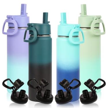 Imagem de Volhoply Garrafa de água isolada de aço inoxidável de 590 ml com tampa de palha, pacote com 4, copos infantis de parede dupla com alça, garrafas de metal reutilizáveis para esportes ao ar livre