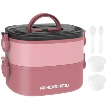 Imagem de RIKDOKEN Lancheira, Caixa Bento Portátil de 2 Camadas, 1900 ml, Rosa, À Prova de Vazamento, Empilhável, Com Colher, Garfo e Molhos, Segura para Micro-ondas e Lava-louças