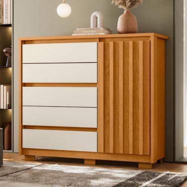 Imagem de Cômoda 1 Porta 5 Gavetas Ripado Duetto Albatroz - Cinamomo/Off White