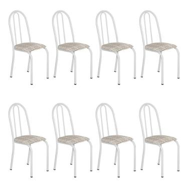 Imagem de Kit 8 Cadeiras De Cozinha Califórnia Estampado Rattan Bege Pés De Ferro Branco