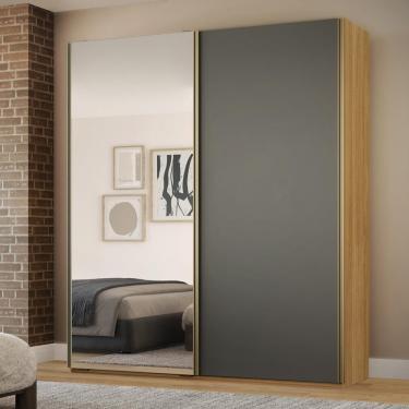 Imagem de Guarda Roupa Solteiro Espelho 2 Portas de Correr 3 Gavetas Raffinato Belmax - Freijó/Titânio