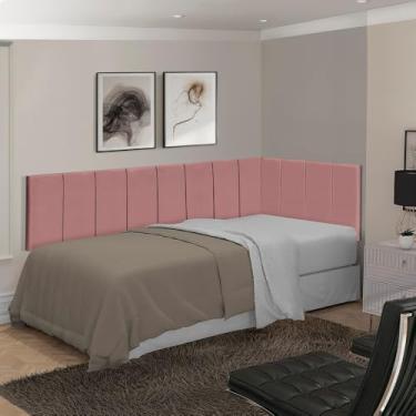 Imagem de Kit cabeceira Solteiro em L Cabeceira Painel Cama Box Almofadada Estofada Suede (Rose)