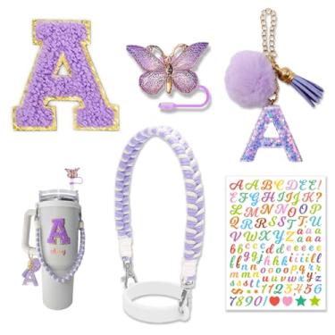 Imagem de Conjunto de acessórios para copos Stanley 850.5 g 1,134.0 g, garrafa de água, alça de copo e berloques de letras e cobertura de palha de borboleta (roxo A)