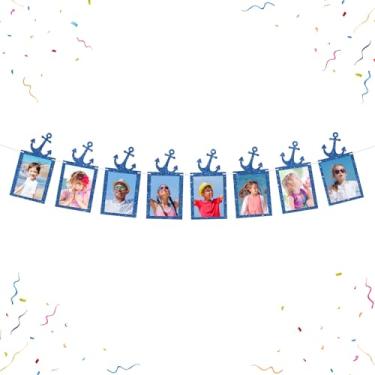 Imagem de WeBenison Banner de foto de âncora náutica infantil marinheiro aniversário moldura de papel para chá de bebê casamento decoração de bandeira navegação aposentadoria imagem banner azul glitter