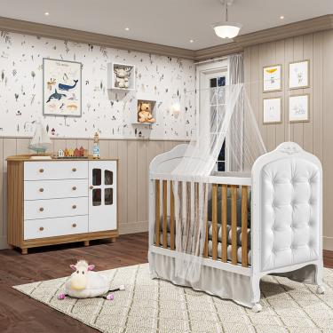 Imagem de Quarto de Bebê Berço Mini Cama com Capitonê MDF Cômoda Elô New Móveis Peroba - Branco Brilho/Amendoa