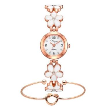 Imagem de Kit Relógio Feminino Dourado Pulseira Pedras Flor Bracelete - PENDULAR