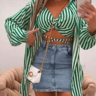 Imagem de conjunto camisa e croped feminino kimono listrado - ETEZO, Verde