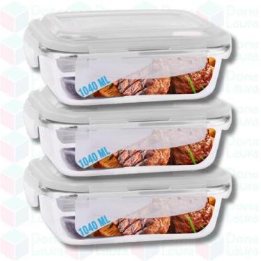 Imagem de 3 Potes de Vidro Hermetico 1040ML p/ Forno Airfryer Assados - Pra casa
