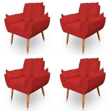 Imagem de Kit 4 Poltronas Decorativa Opala Sala de Estar Tecido Suede Vermelho K