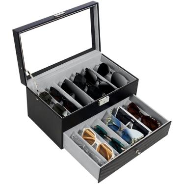 Imagem de GUKA Organizador de armazenamento de óculos de sol de 2 camadas, caixa de óculos de sol de couro com 12 compartimentos, vários pares, estojo de exibição de óculos para mulheres e homens, ideia de