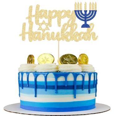 Imagem de 1 peça de topo de bolo Happy Hanukkah dourado glitter castiçal menorá decoração de bolo para decoração de festa de aniversário judaico brilhante Chanucá