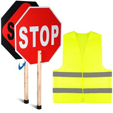 Imagem de Yahenda Stop Slow Sign Traffic with Safety Vest Set 33 cm x 33 cm Placa de parada de proteção de cruzamento placa de parada dupla face com cabo de madeira e colete de alta visibilidade para trabalho de construção de tráfego rodoviário