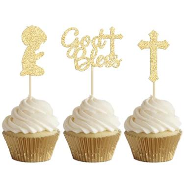 Imagem de Gyufise 24 peças de enfeite de cupcake dourado com glitter menino Deus abençoe e batismo cruz chá de bebê palhetas de cupcake suprimentos de decoração de festa cristã