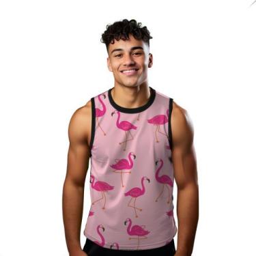Imagem de Camiseta Algodão Regata Verão Estilo Moda Praia Flamingo Cartoon Rosa 