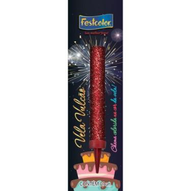 Imagem de Vela para Aniversário Vulcão Vermelha com Glitter - Festcolor