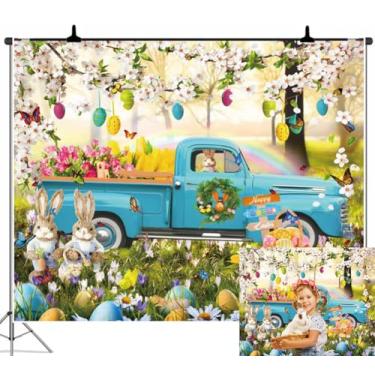 Imagem de Caaerttply Cenários de primavera de Páscoa para fotografia, 3 x 2,4 m, ovos de Páscoa coloridos, fundo para foto, azul, caminhão, flor, coelho, dia da Páscoa, para crianças, bebês, festas de