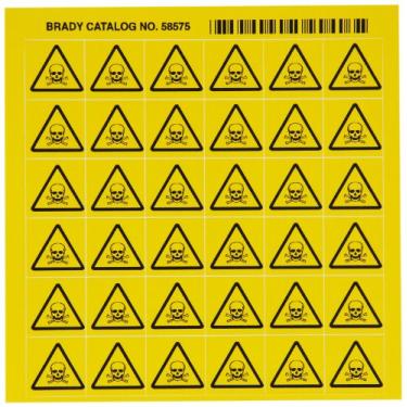 Imagem de Brady 58575 Etiquetas de pictograma de vinil sensível à pressão, preto em amarelo, 1,9 cm de altura x 0,9 cm de largura, pictograma "veneno" (36 por cartão, 1 cartão por pacote)