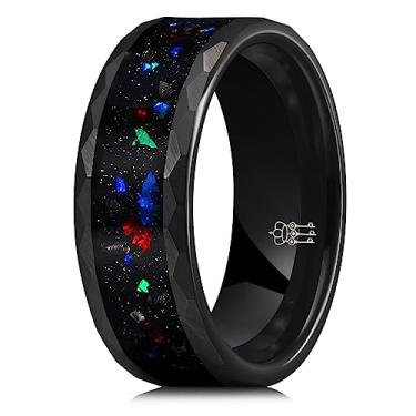 Imagem de THREE KEYS JEWELRY Aliança de noivado de carboneto de tungstênio altamente polido de 8 mm para mulheres, ajuste confortável, design martelado, bordas embutidas, areia preta com pedra opala, 14, Metal,