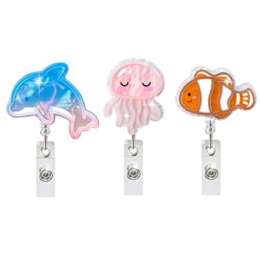 Imagem de Mivofun 3 peças de carretéis de crachá da série Ocean, medusas, golfinhos e peixe-palhaço, clipe retrátil de rotação de 360° para crachá de identificação para enfermeira médica