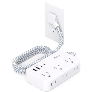 Imagem de Cabo de extensão plano para régua elétrica – 6 tomadas e 4 USB (2 USB C), cabo trançado de 1,8 m com plugue plano ultrafino, suporte de parede, proteção contra sobrecarga, compacto para viagens, navio