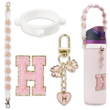 Imagem de SITKOL Lindo conjunto de pingentes de letras para garrafas de água e copos de café Owala 680 g, 947 g, 1,134 g - Inclui alça de alça, compatível com acessórios Owala Free Sip e Stanley Cup (rosa, H)