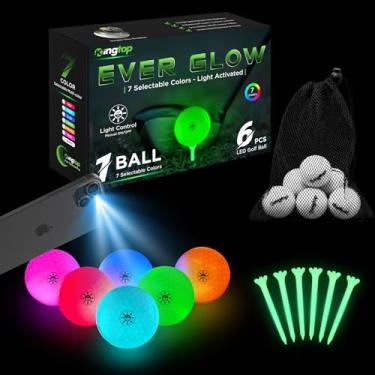 Imagem de KINGTOP Bolas de golfe de LED EverGlow – Bola de golfe de 7 cores que brilham no escuro, bola de golfe iluminada com camisetas fluorescentes e bolsa de armazenamento para golfe noturno, presentes