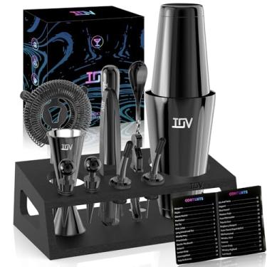 Imagem de IOV Conjunto de Coqueteleira: Kit de Bar de Mixologia de 12 Peças, Shaker Boston de 18 Onças e 28 Onças, Utensílios para Misturar Bebidas Em Casa com Livreto de Receitas e Suporte, (, Preto)