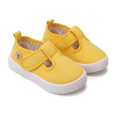 Imagem de Tênis infantil de lona com tira em T para crianças pequenas, clássico, confortável, Mary Jane, sapatilha de lona, antiderrapante, casual, para meninas, Amarelo, 22 BR