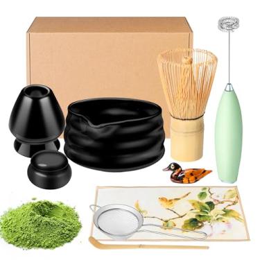 Imagem de ELIMTEC Conjunto e Tigela de Batedor de Matcha, Kit de Batedor de Matcha, Tigela com Bico, Peneira, Suporte de Batedor de Cerâmica, Colher, Utensílios para Chá Em Pó Japonês para P (Grande, Preto)