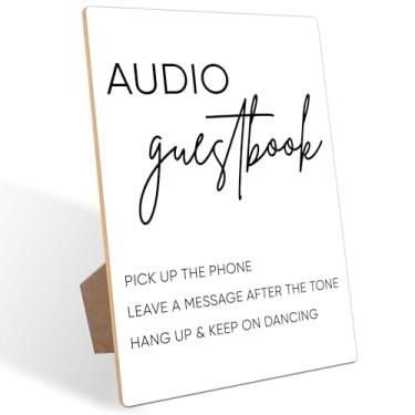 Imagem de Placa de telefone de casamento com livro de visitas de áudio, placas de casamento estilo minimalista para decoração de mesa de festa de noivado, chá de panela e recepção de casamento, placa de madeira