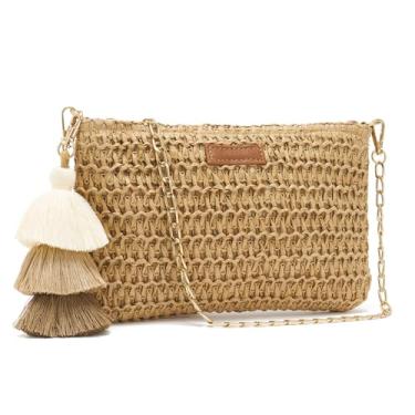 Imagem de WEIMZC Bolsa de palha pequena para mulheres bolsas de verão bolsa envelope de tecido de praia bolsa de ombro ráfia, bolsa transversal de palha boho, Marrom quadrado, Small