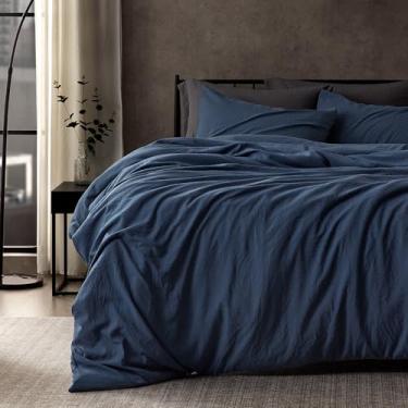 Imagem de SLEEP ZONE Capa de edredom tamanho king, lavagem com pedra, macia e confortável com rugas naturais, fácil de cuidar, embrulhada para presente, segura e amiga da pele (azul-marinho, king)