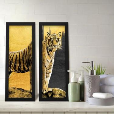 Imagem de Kit 2 Quadros Decorativos Lavabo Preto Dourado Tigre Felino - Deliquad