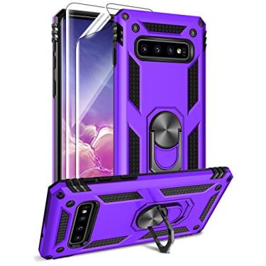 Imagem de Capa para Samsung Galaxy S10 Plus com protetores de tela HD, suporte de anel de metal de grau militar Androgate com suporte de anel de 4,5 m testado em queda à prova de choque para Samsung Galaxy S10+ (2019) roxo